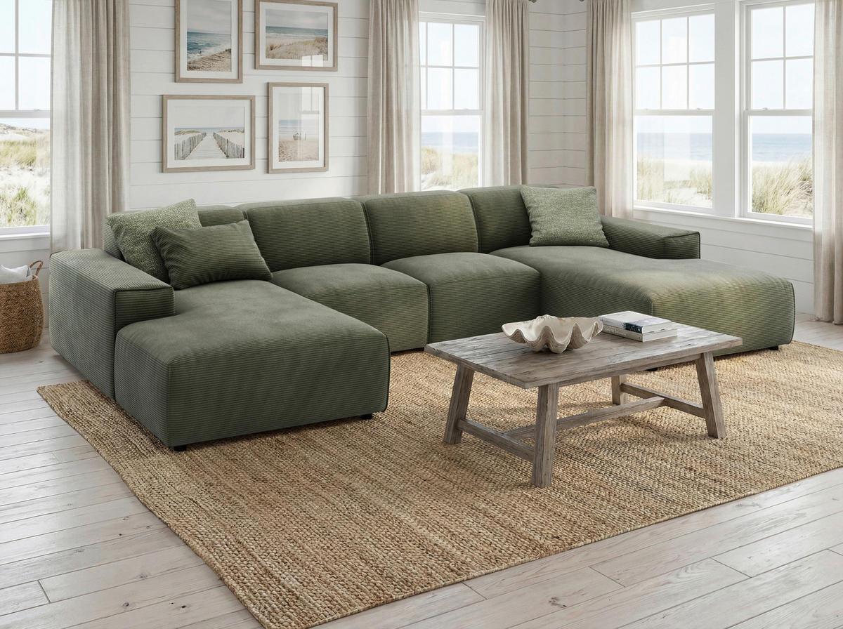 WOHNLANDSCHAFT Khaki Cord  - Khaki/Schwarz, MODERN, Kunststoff/Textil (189/340/189cm) - Pure Home Lifestyle