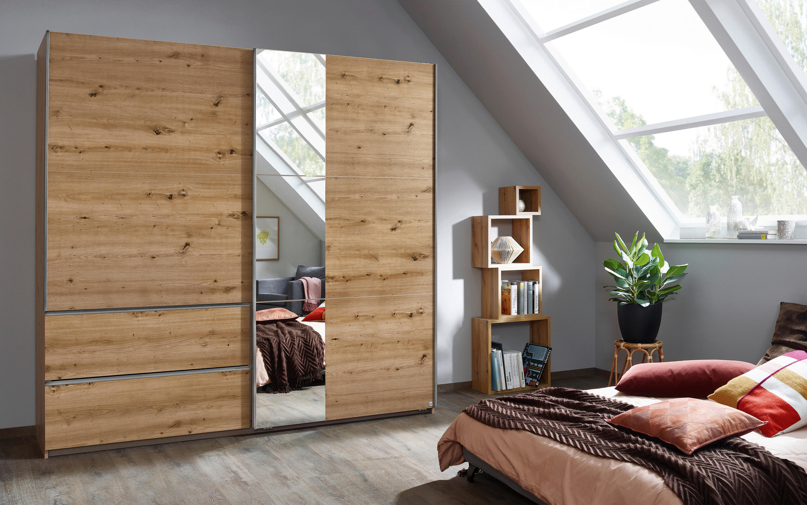 SCHWEBETÜRENSCHRANK 218/210/59 cm 2-türig Eiche Artisan  - Alufarben/Eiche Artisan, Design, Holzwerkstoff/Metall (218/210/59cm) - Rauch Möbel