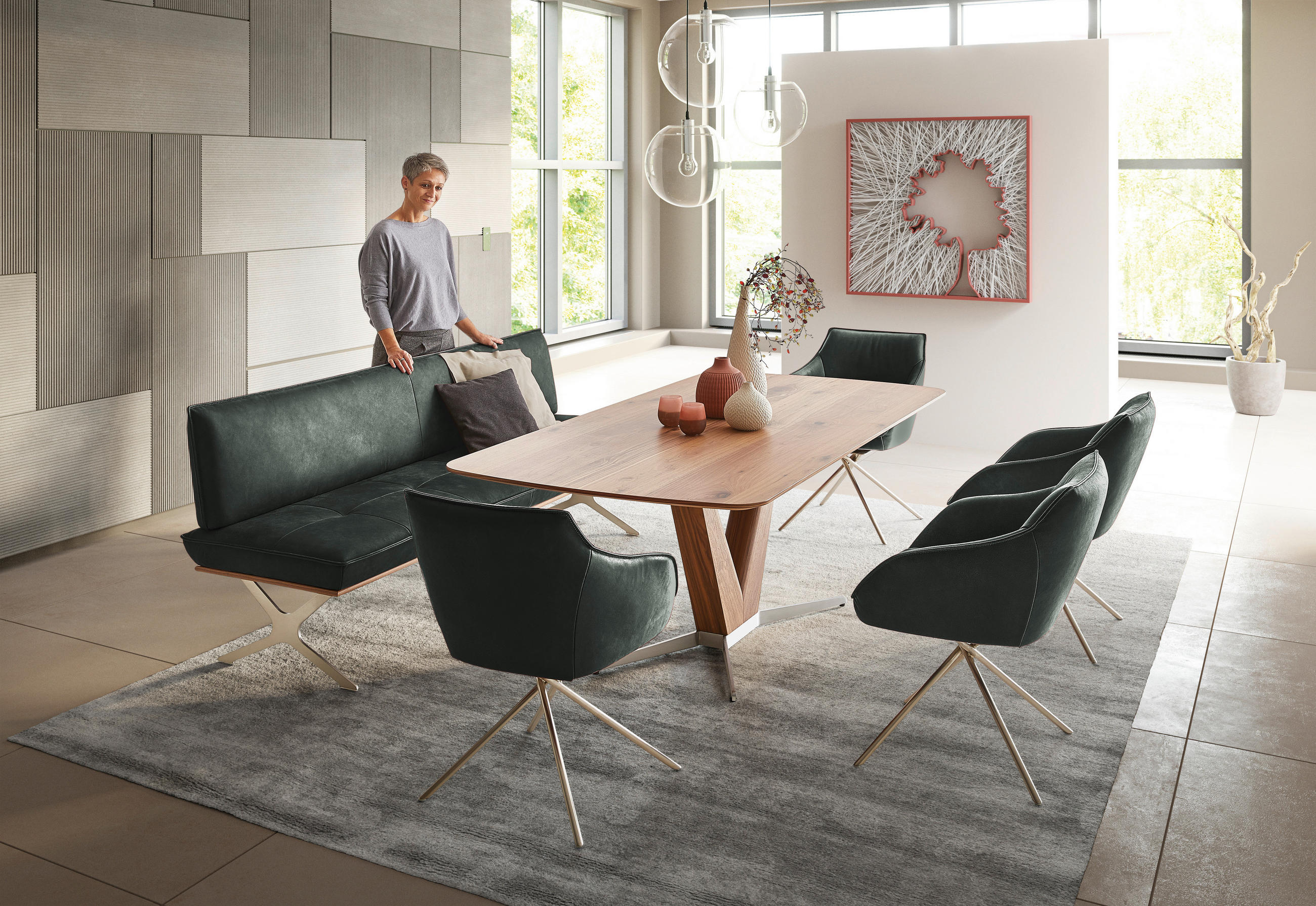 SITZBANK 214/88/66 cm Echtleder Edelstahlfarben, Dunkelgrün Nussbaum furniert Metall  - Dunkelgrün/Edelstahlfarben, Design, Leder/Holz (214/88/66cm) - Koinor