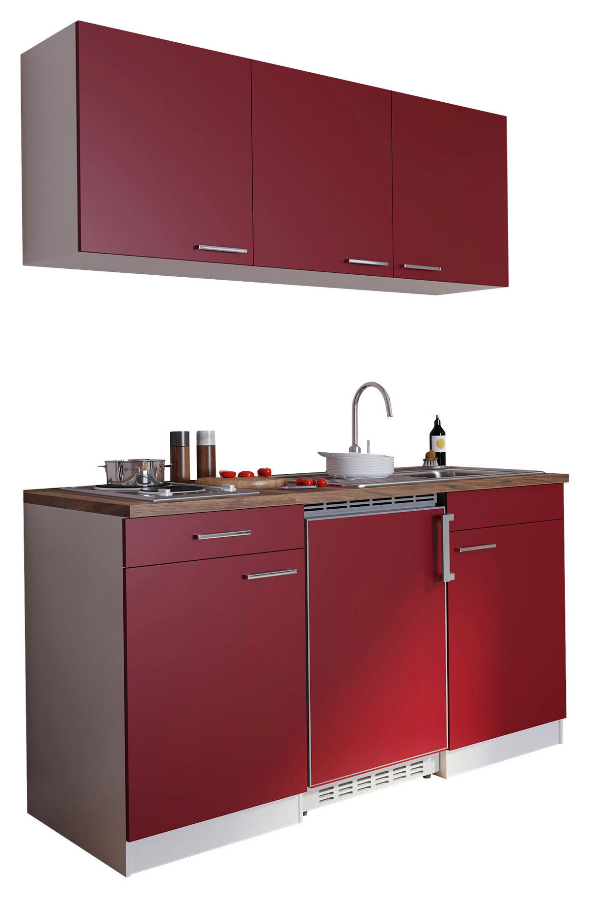 MINIKÜCHE 150 cm   in Rot  - Weiss/Edelstahlfarben, Basics, Holzwerkstoff/Kunststoff (150cm) - Respekta