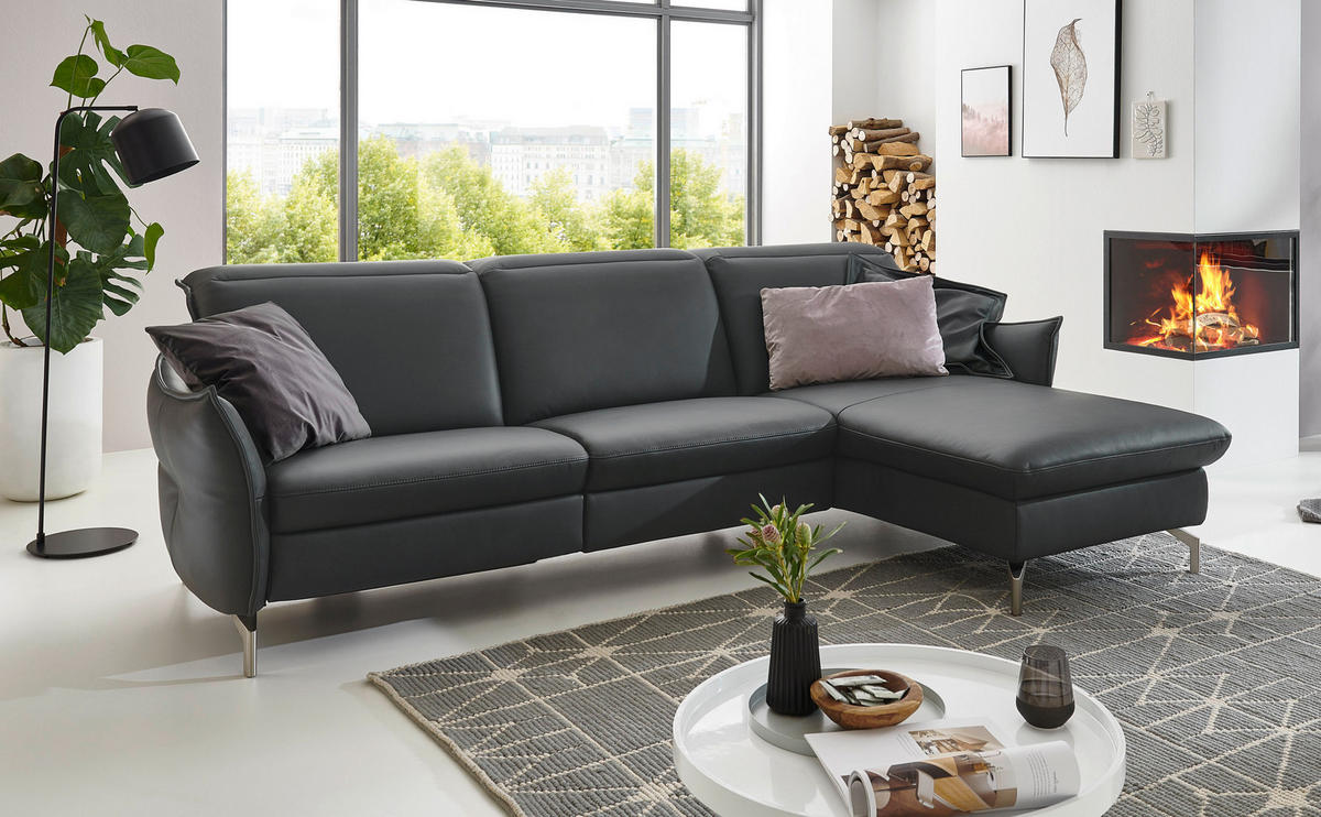 ECKSOFA in Lederlook (vegan) Schwarz  - Schwarz/Nickelfarben, Modern, Textil/Metall (233/179cm) - Livetastic