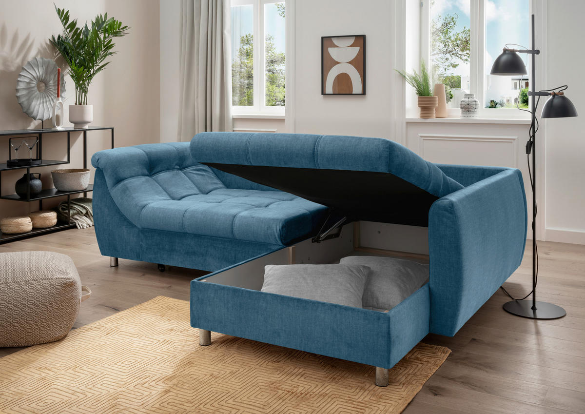 ECKSCHLAFSOFA in Mikrofaser Blau  - Chromfarben/Blau, Modern, Textil/Metall (250/190cm) - Livetastic
