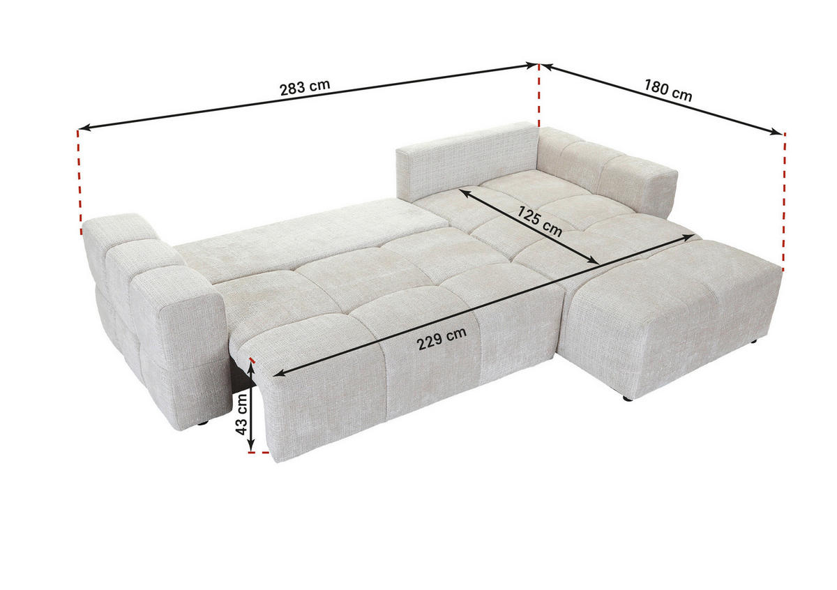 ECKSOFA in Chenille Creme  - Creme/Schwarz, KONVENTIONELL, Kunststoff/Textil (283/180cm) - Carryhome
