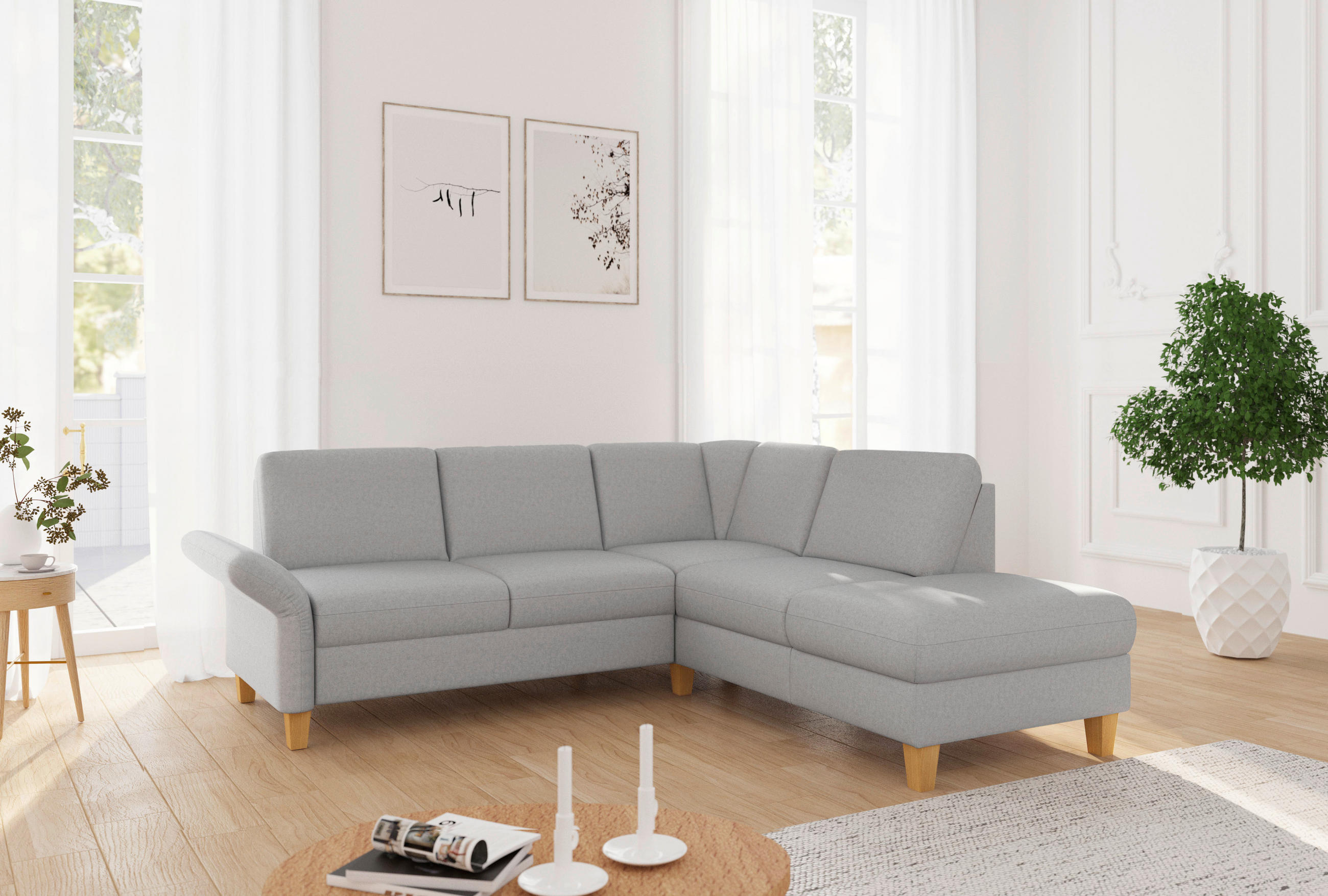 ECKSOFA ROCHELLE E Hellgrau Flachgewebe  - Eichefarben/Hellgrau, KONVENTIONELL, Holz/Textil (240/216cm) - Sit & More