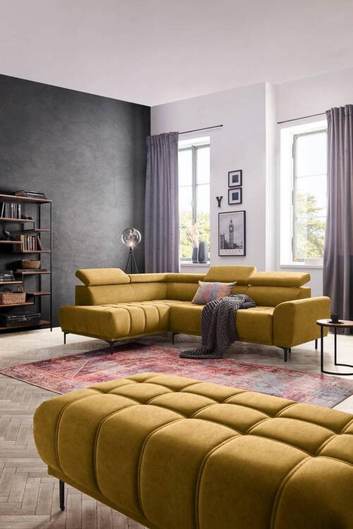 ECKSOFA Gelb, Goldfarben Velours  - Gelb/Goldfarben, Design, Textil/Metall (191/261cm) - Stylife