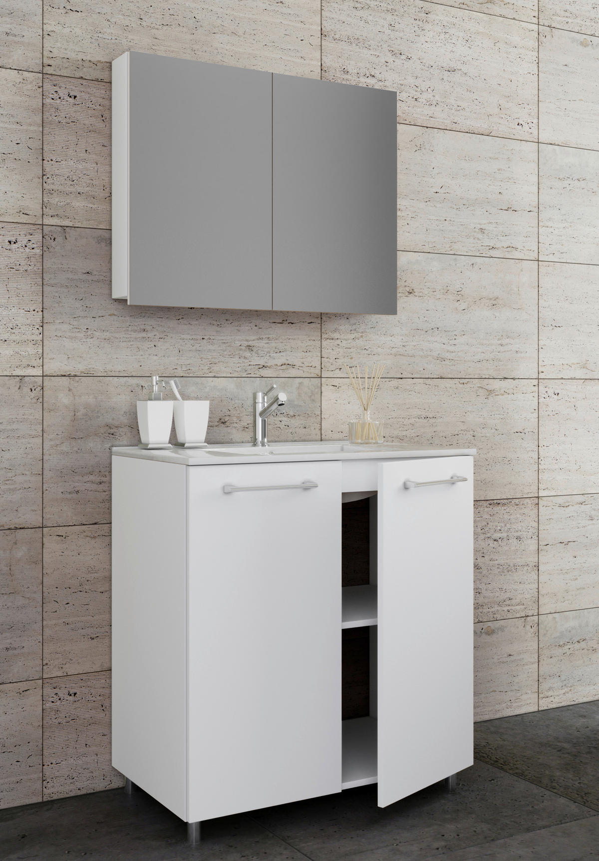 BADEZIMMER 3-teilig  in 80 cm  - Alufarben/Weiß, MODERN, Keramik/Holzwerkstoff (80cm) - MID.YOU