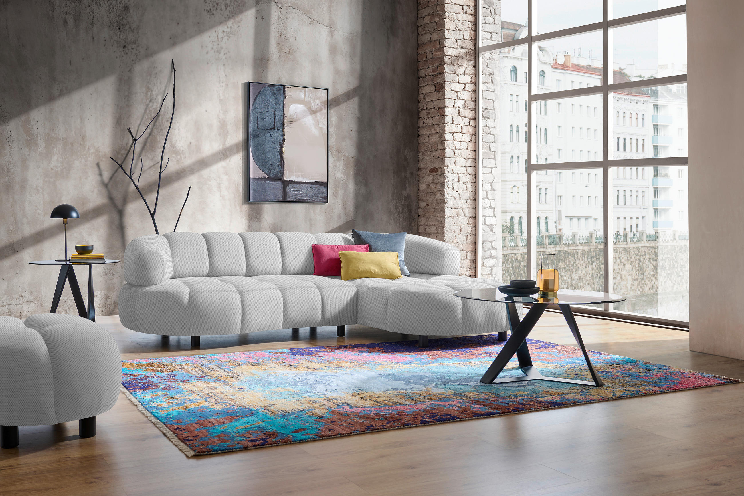 Thumbnail - Welnova Ecksofa, Hellgrau, Textil, Eiche, vollmassiv, 3-Sitzer, Ottomane rechts, L-Form, 284x183 cm, Made in Europe, FSC...