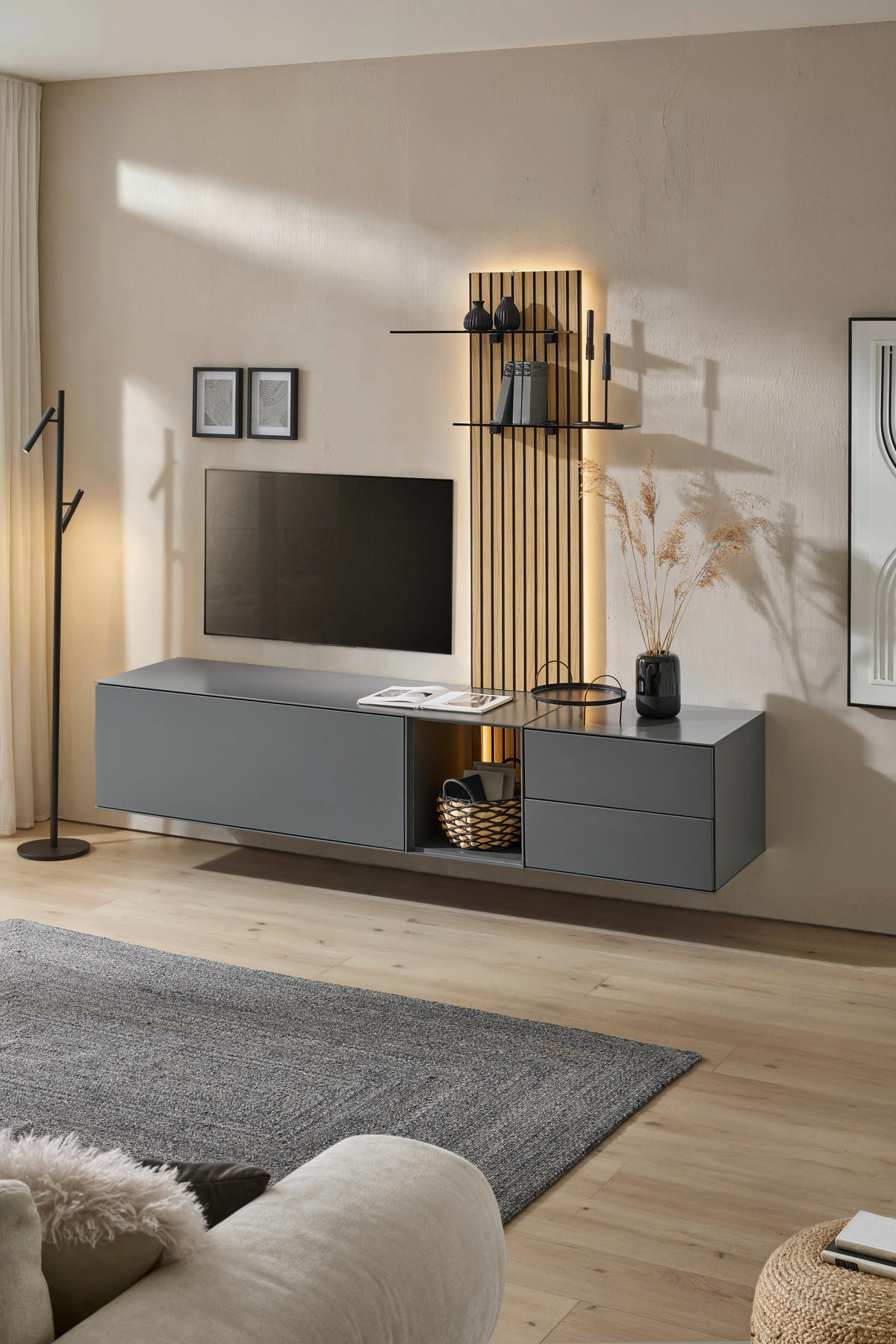 WOHNWAND  in Anthrazit, Eichefarben  221/160/50 cm  - Eichefarben/Anthrazit, Design, Glas/Holz (221/160/50cm) - Dieter Knoll