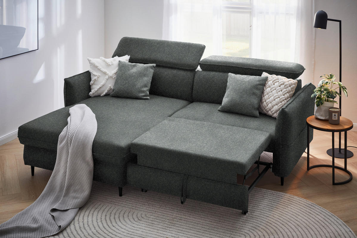 ECKSOFA in Samt Grau  - Schwarz/Grau, Design, Holz/Textil (185/232cm) - Stylife