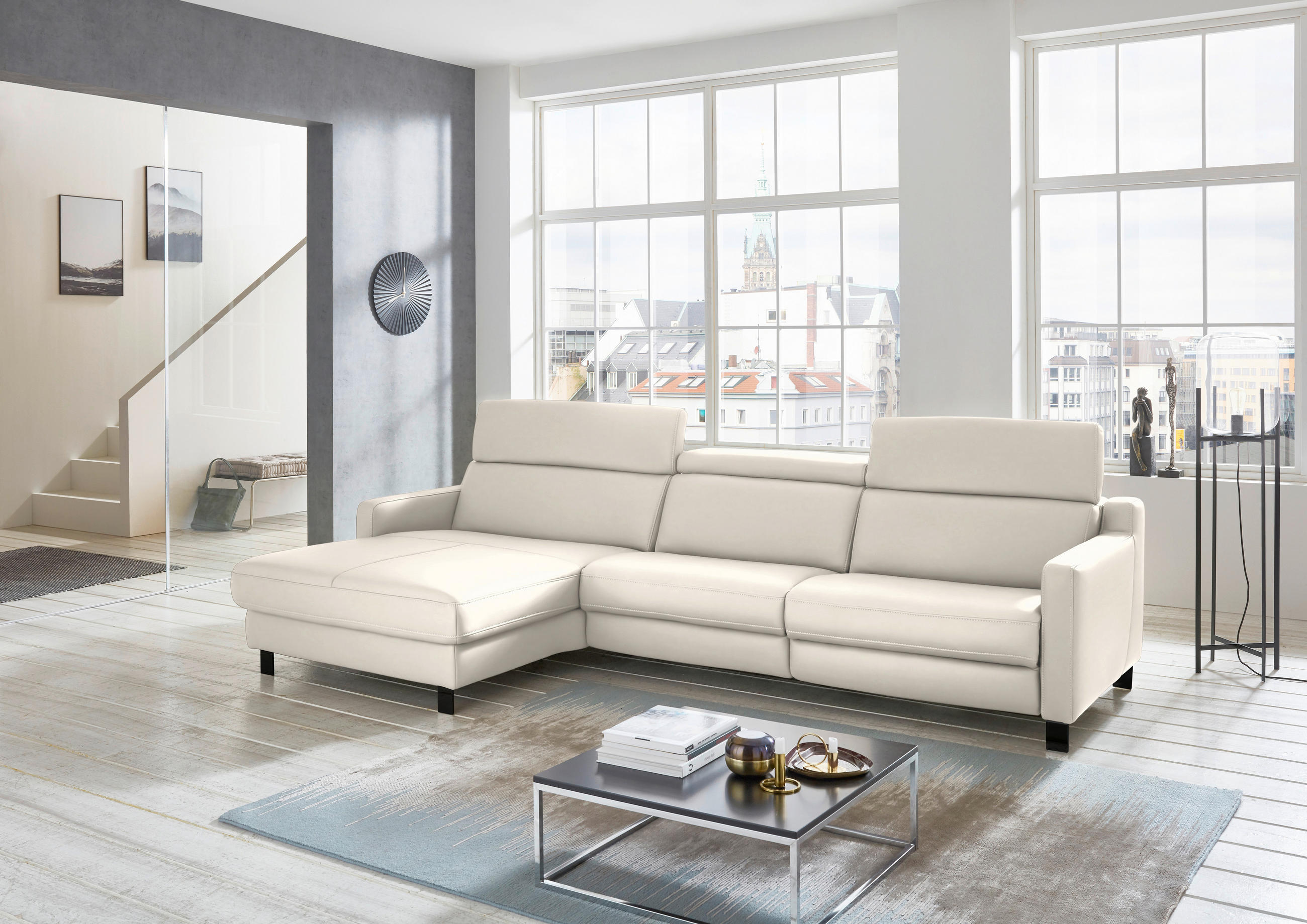 ECKSOFA in Echtleder Beige  - Beige/Schwarz, Design, Leder/Metall (176/291cm) - Valdera