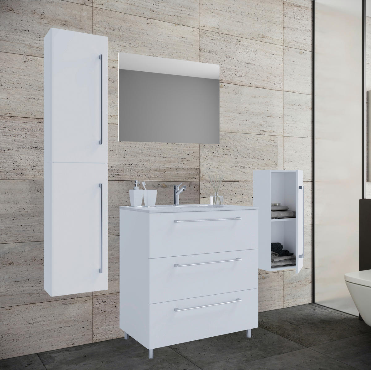 BADEZIMMER 5-teilig  in 146 cm  - Weiss/Alufarben, Modern, Keramik/Holzwerkstoff (146cm) - MID.YOU