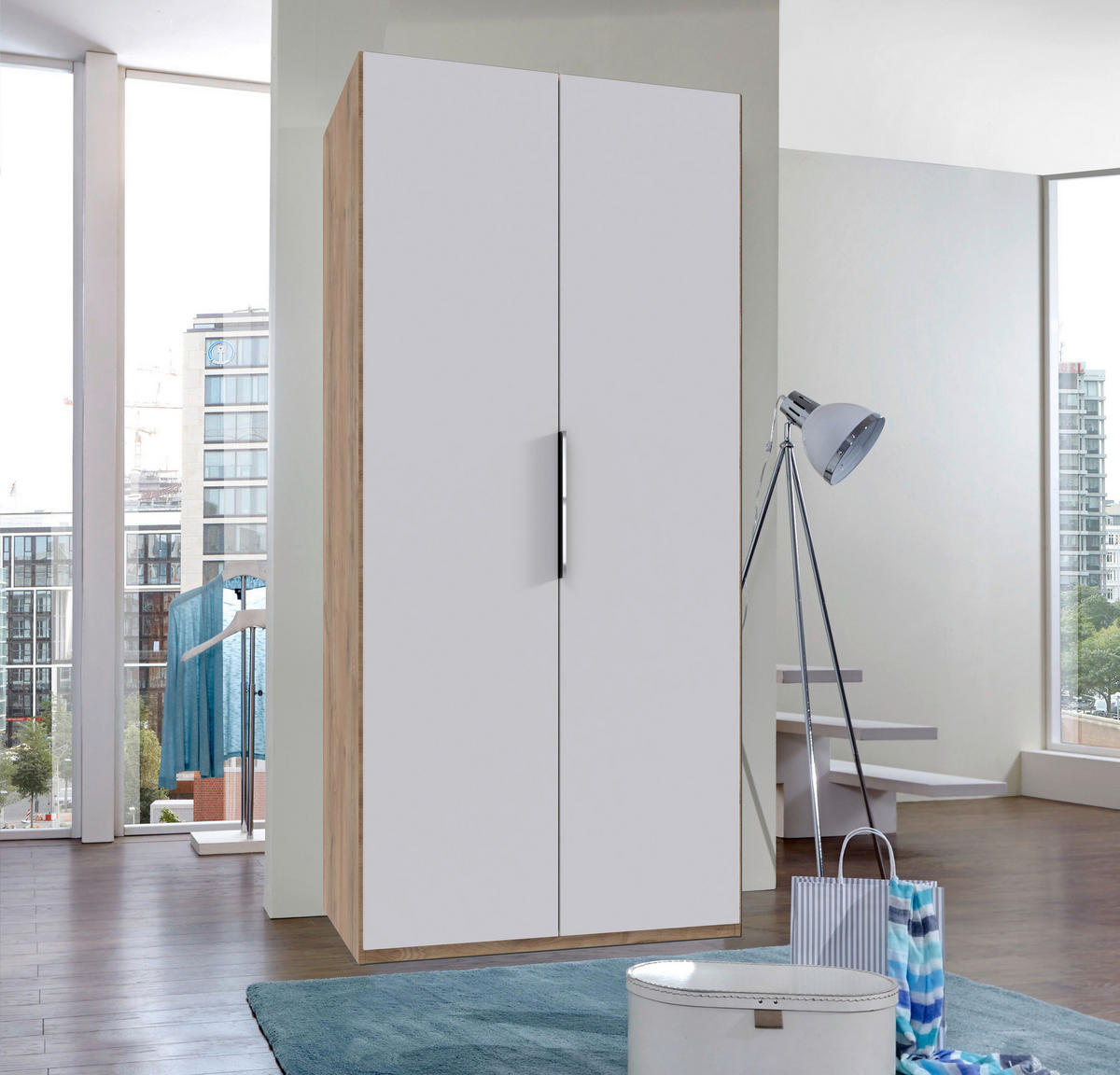 DREHTÜRENSCHRANK Weiss, Plankeneiche  - Chromfarben/Plankeneiche, Modern, Holzwerkstoff/Metall (100/216/58cm) - MID.YOU