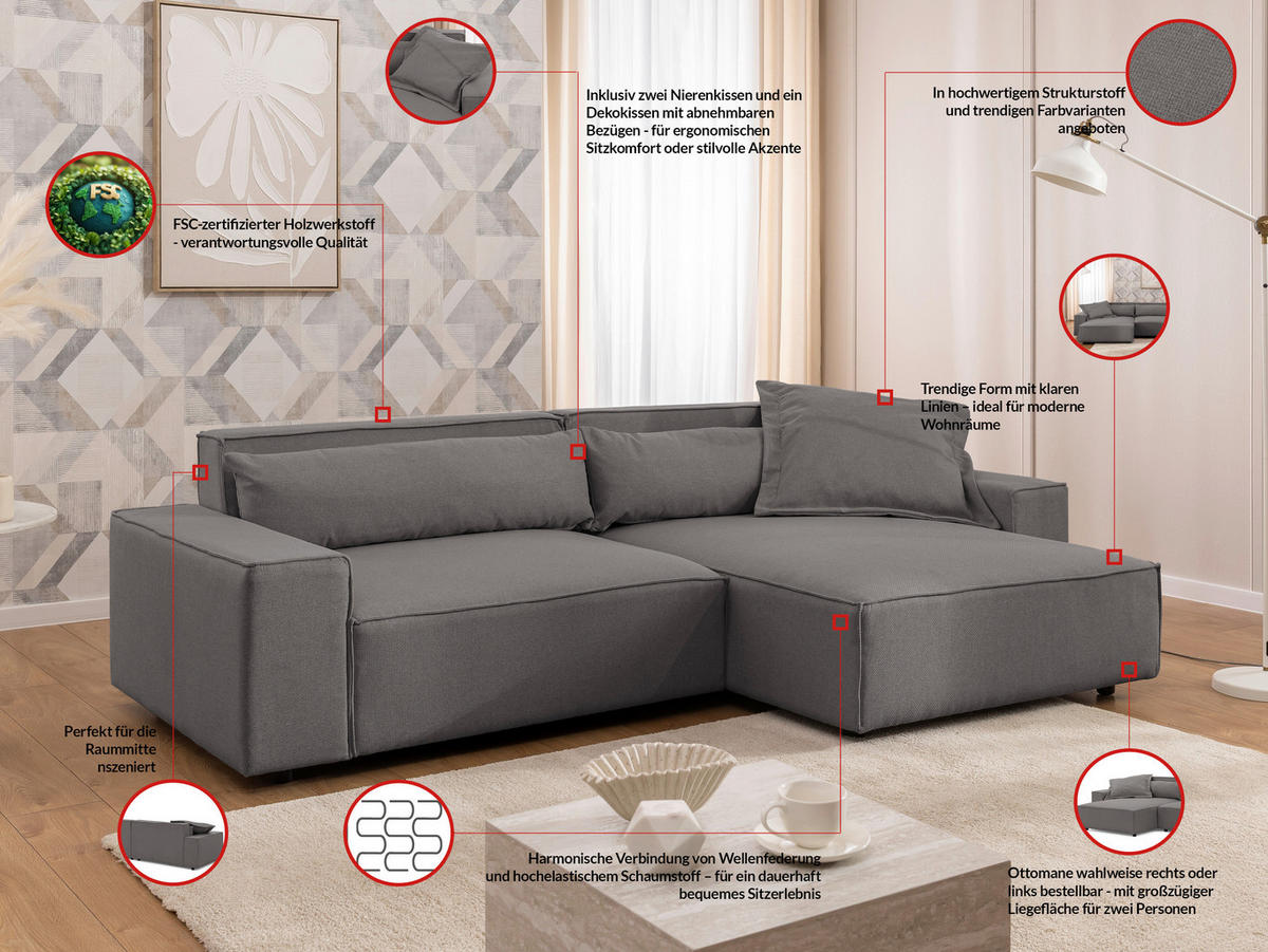 ECKSOFA Webstoff Grau  - Schwarz/Grau, Design, Kunststoff/Textil (251/142cm) - P & B