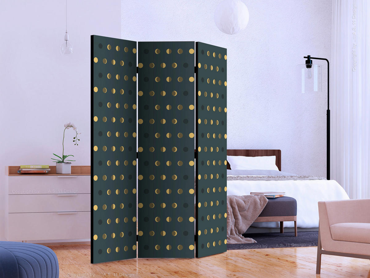 PARAVENT mit 3  Flügel - Dunkelgrün/Goldfarben, Basics, Holz/Textil (135/172/3cm) - artgeist
