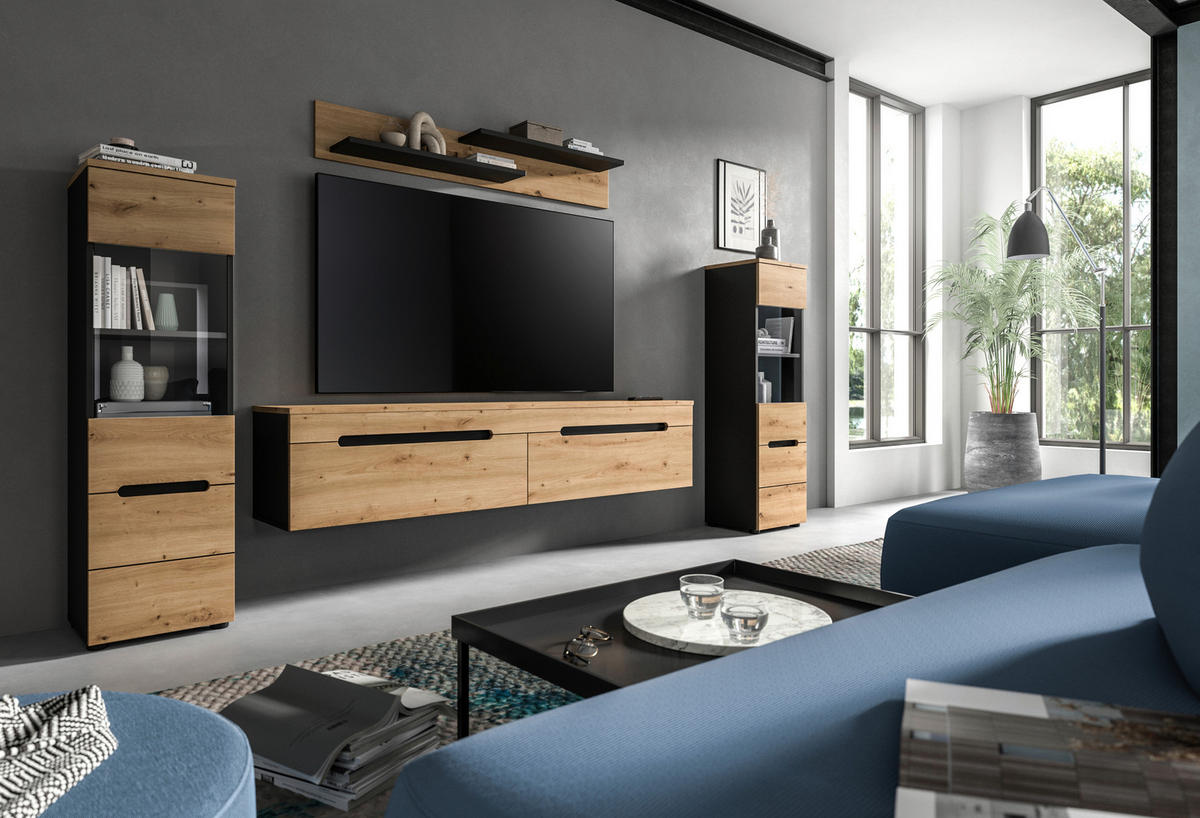 WOHNWAND 3-teilig  in Eiche Artisan  272/141/33 cm  - Schwarz/Eiche Artisan, Design, Holzwerkstoff/Kunststoff (272/141/33cm) - Livetastic