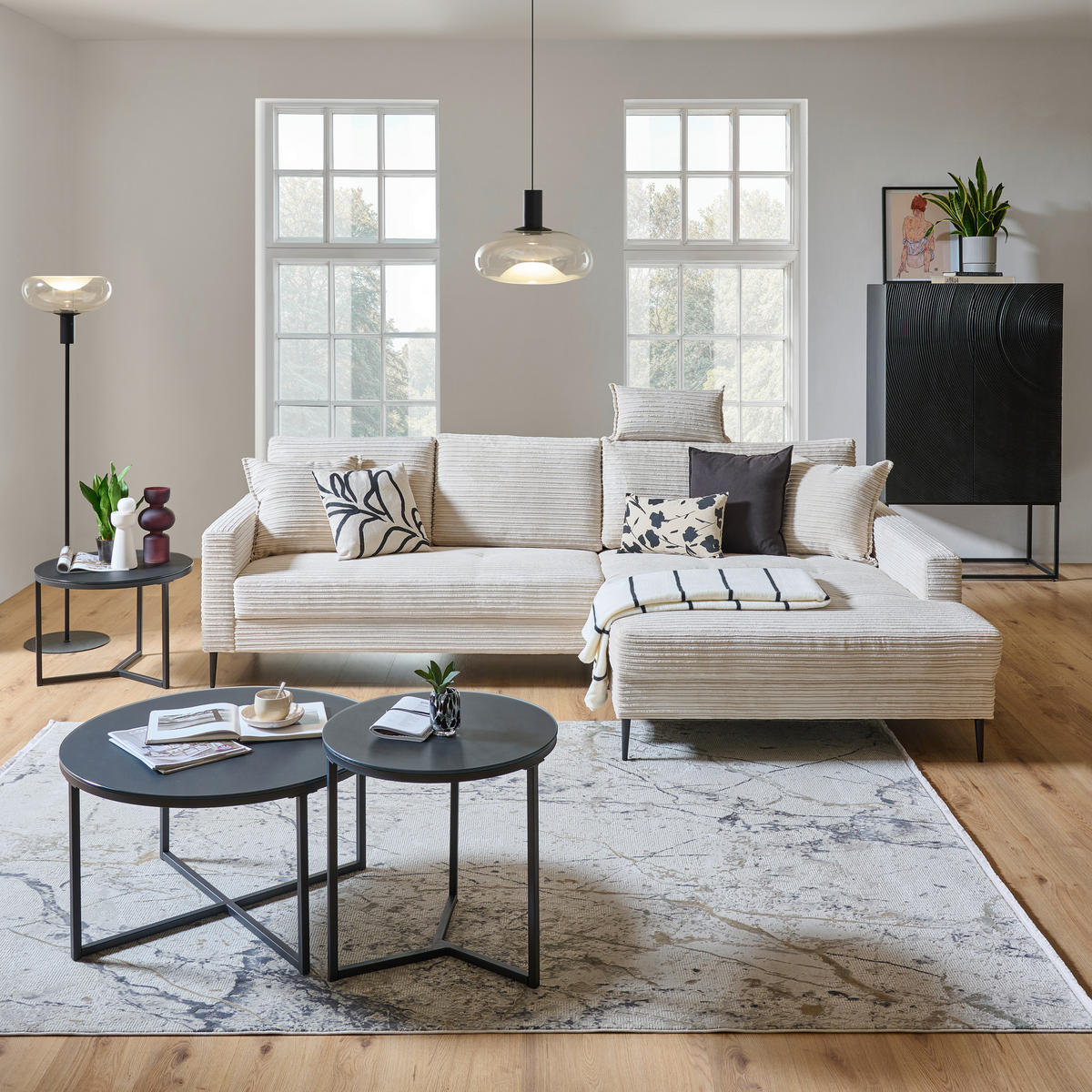 ECKSOFA Creme Cord  - Creme/Schwarz, KONVENTIONELL, Textil/Metall (276/173cm) - Carryhome