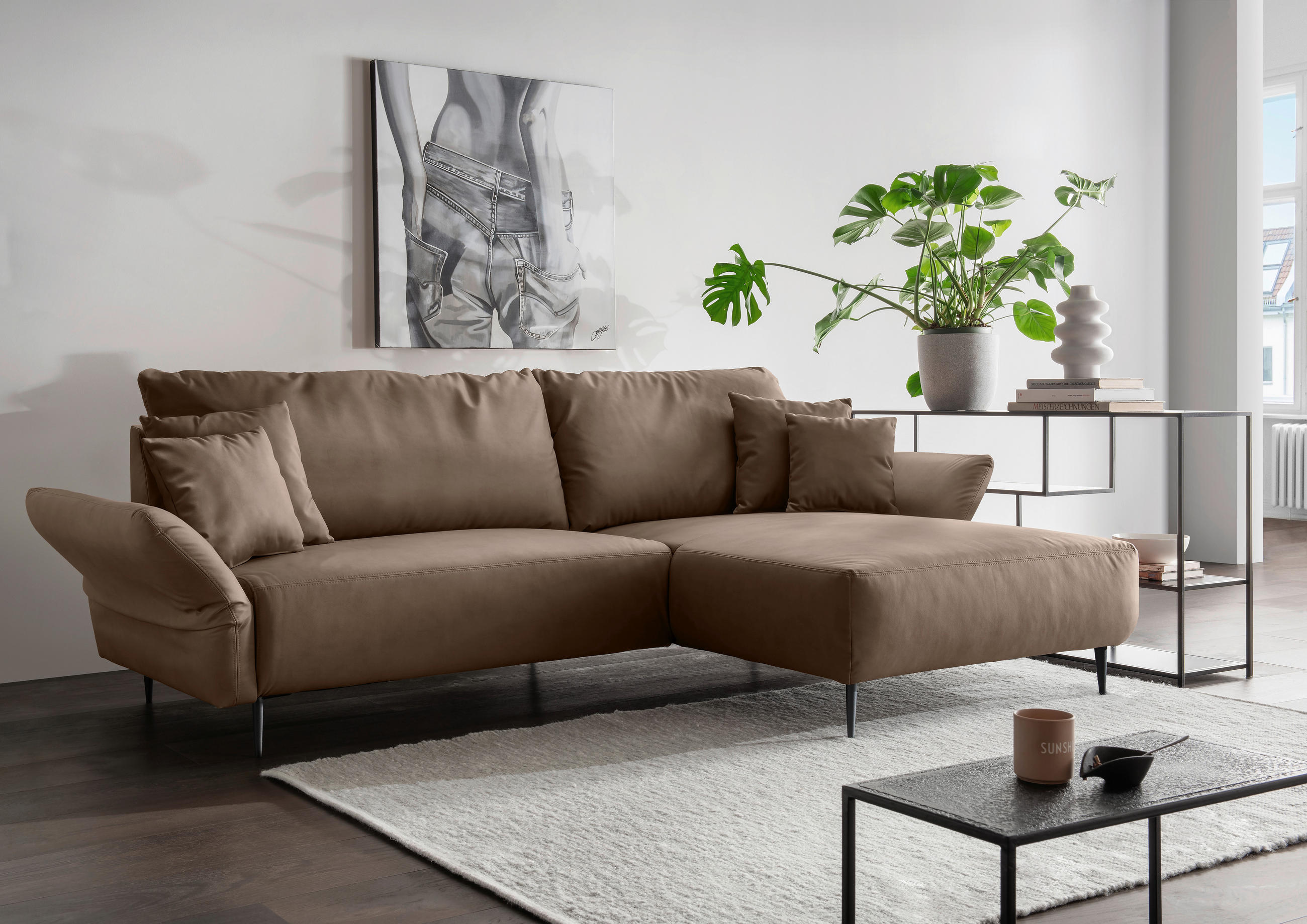 ECKSOFA in Lederlook Braun  178/264-302 cm  - Schwarz/Braun, Design, Textil/Metall (178/264-302cm) - Livetastic