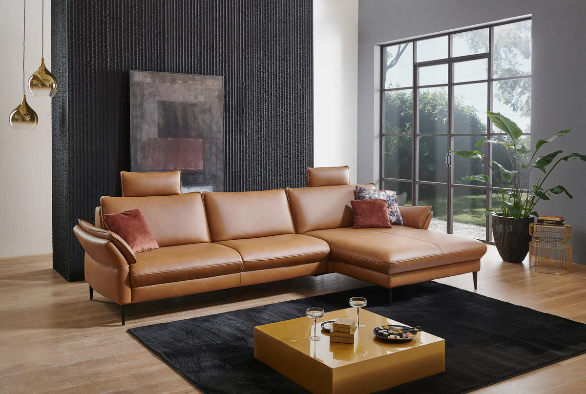 ECKSOFA in Echtleder Braun  - Schwarz/Braun, Design, Leder/Metall (334/172cm) - Valdera
