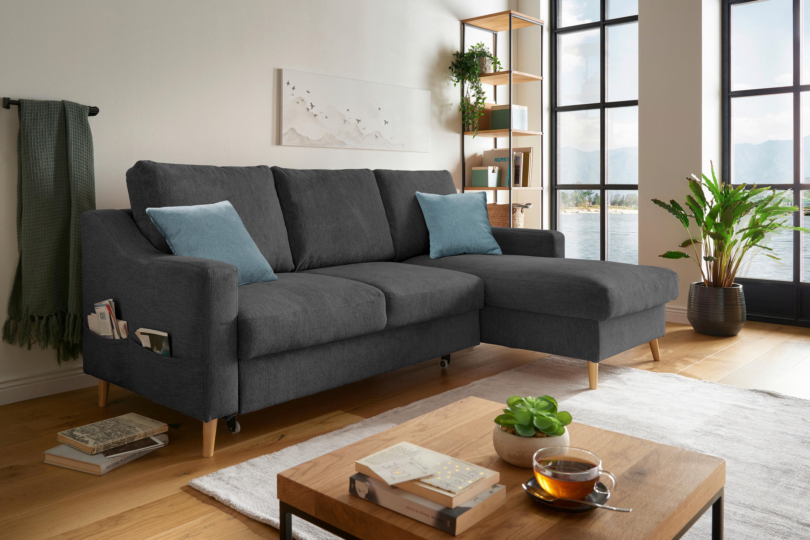 ECKSOFA Schwarz Mikrofaser  - Blau/Schwarz, Design, Holz/Textil (228/150cm) - MID.YOU