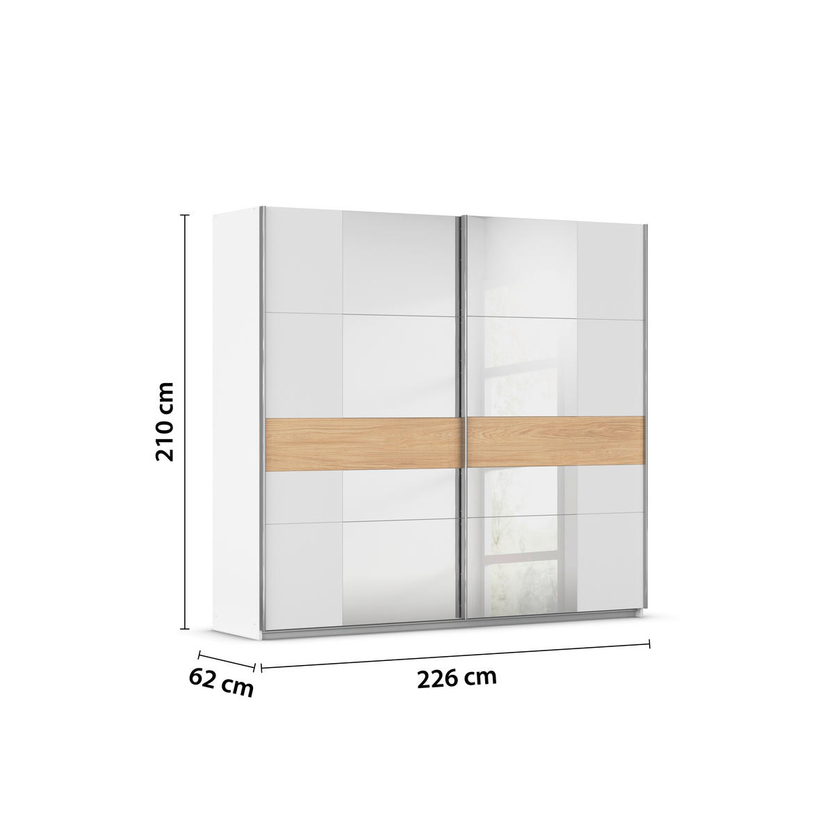 SCHWEBETÜRENSCHRANK 225/210/57 cm 2-türig Weiß, Eichefarben  - Chromfarben/Eichefarben, KONVENTIONELL, Holzwerkstoff/Metall (225/210/57cm) - Rauch Möbel