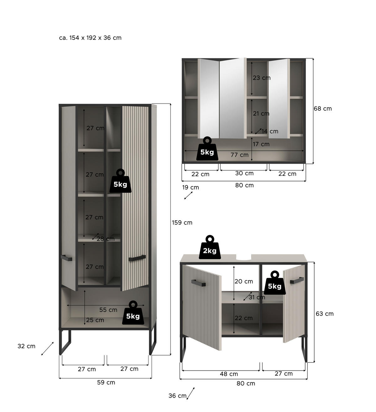 BADEZIMMER 3-teilig  in 139 cm  - Kaschmir/Schwarz, MODERN, Holzwerkstoff/Metall (139cm) - MID.YOU