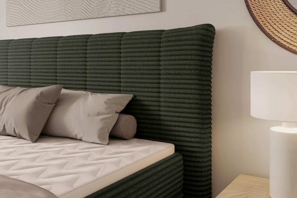 BOXSPRINGBETT 180/200 cm,  in Dunkelgrün, gepolstertes Kopfteil, Bettkasten, Topper, Matratzen, H2 + H4 = mittel + sehr fest  - Dunkelgrün/Schwarz, Design, Kunststoff/Textil (180/200cm) - Chameo