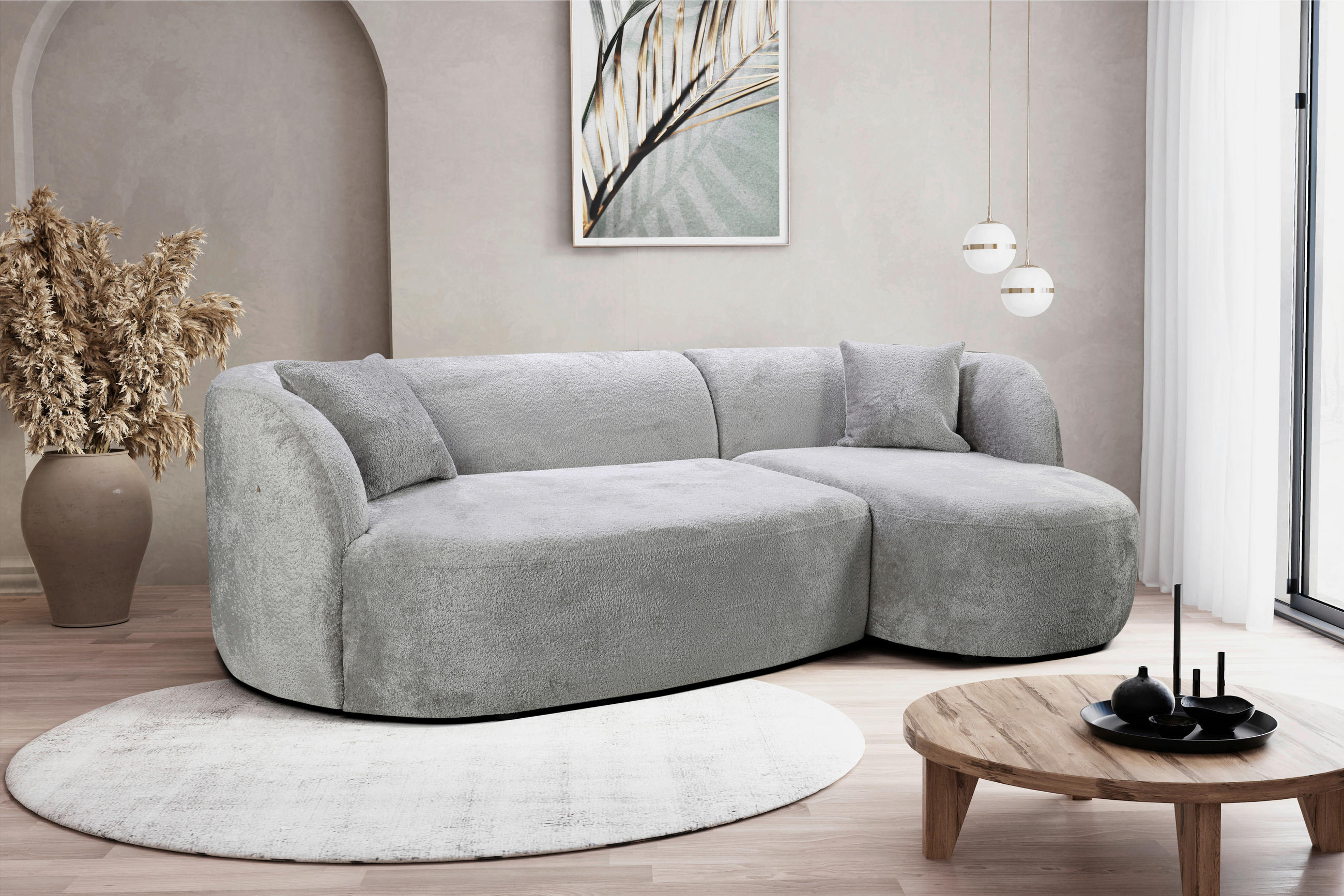 ECKSOFA in Bouclé Hellgrau  - Hellgrau/Schwarz, Design, Kunststoff/Textil (264/143cm) - MID.YOU