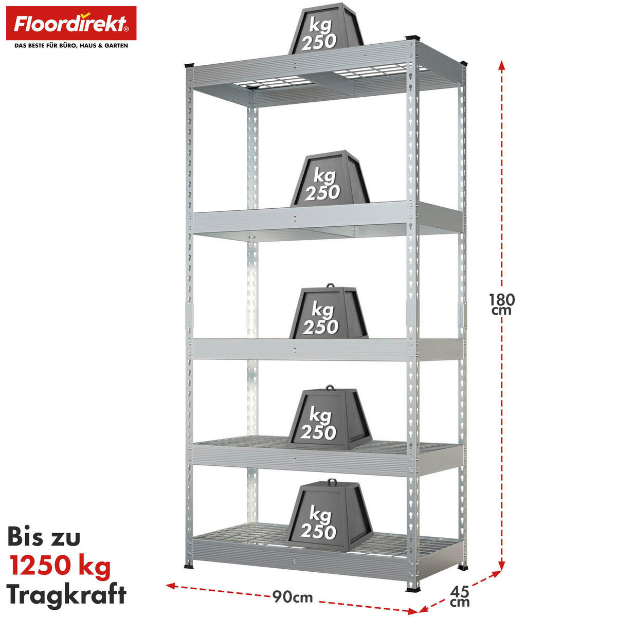 SCHWERLASTREGAL 90/180/45 cm  - Zinkfarben, Basics, Metall (90/180/45cm) - Floordirekt