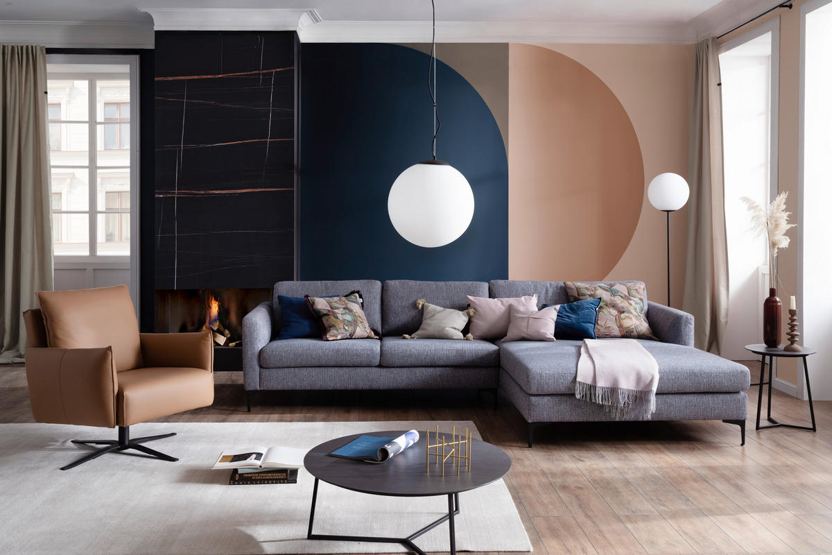 ECKSOFA Blaugrau Flachgewebe  - Blaugrau/Schwarz, Design, Textil/Metall (310/195cm) - Schöner Wohnen