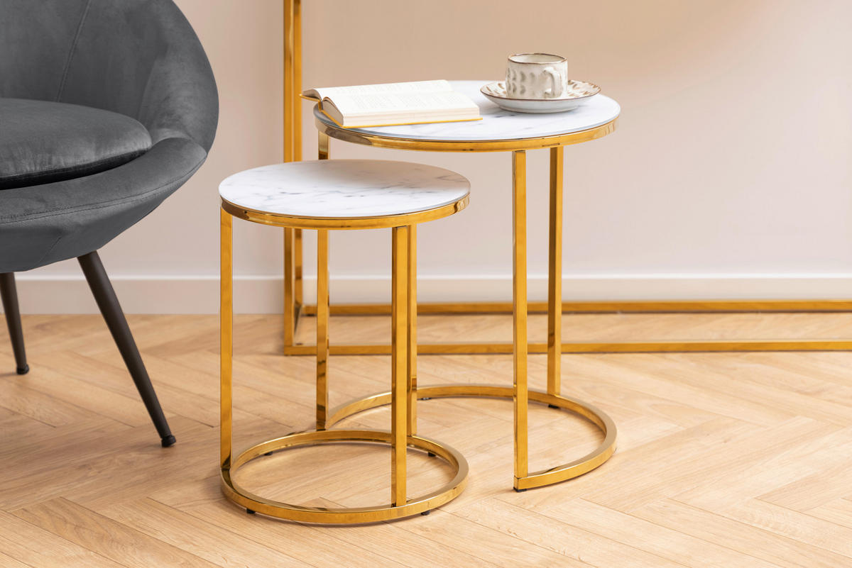 BEISTELLTISCH in Glas, Metall 35/45/35/45/42/50 cm  - Goldfarben/Weiß, Trend, Glas/Metall (35/45/35/45/42/50cm) - MID.YOU