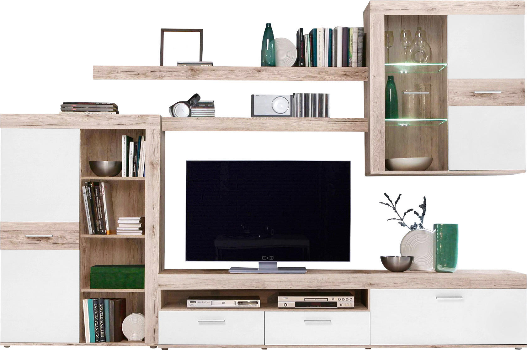 WOHNWAND  in Weiß, Eichefarben  300/200,9/41 cm   - Eichefarben/Alufarben, Design, Glas/Holzwerkstoff (300/200,9/41cm) - Carryhome