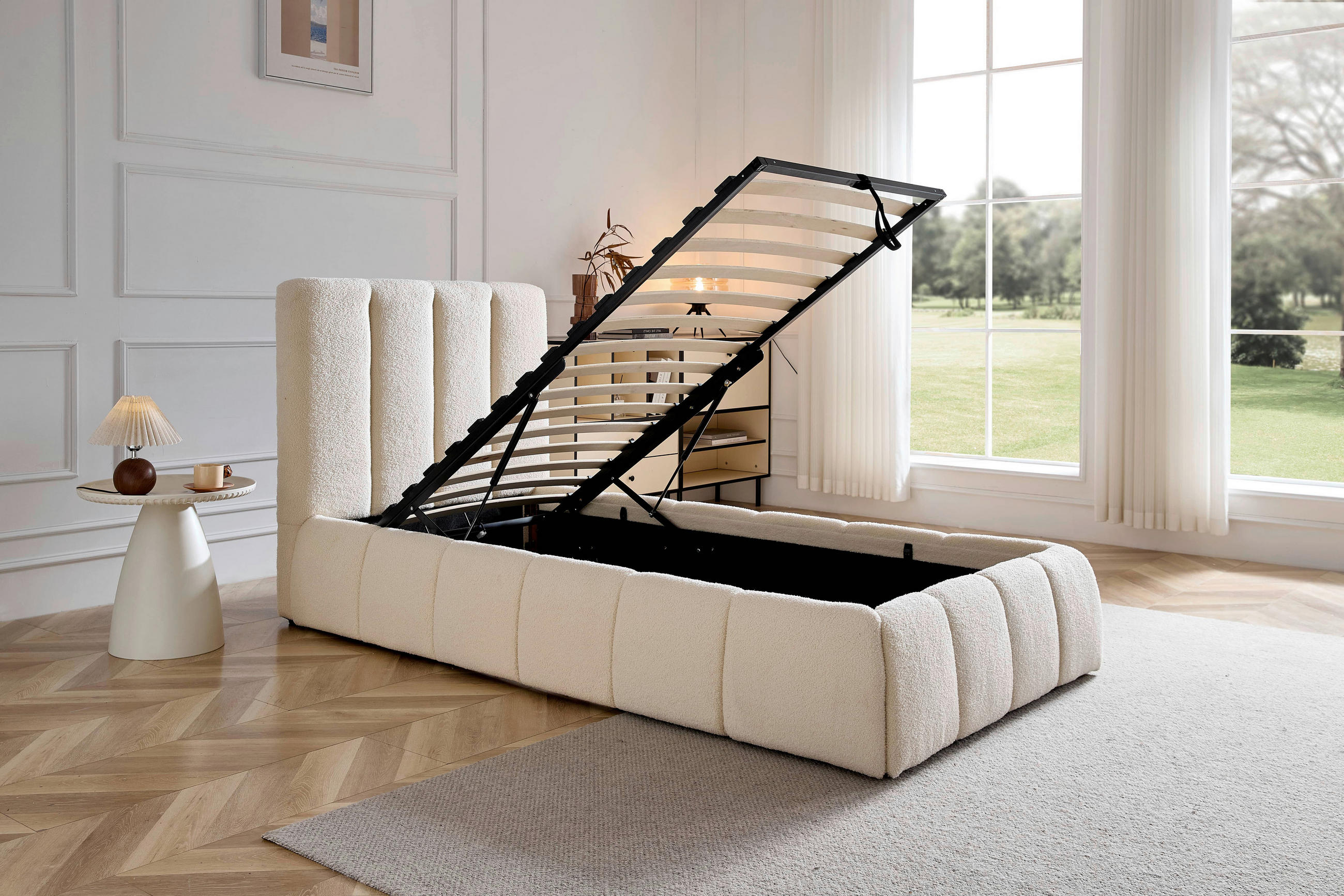 POLSTERBETT gepolstertes Kopfteil, Lattenrost, Bettkasten 90/200 cm  in Beige  - Beige/Schwarz, Design, Holz/Kunststoff (90/200cm) - Boxxx
