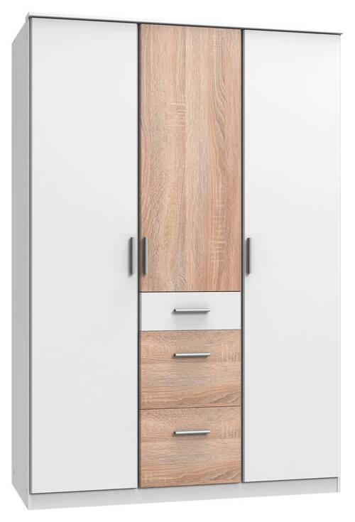 KLEIDERSCHRANK 3-türig Weiß, Eichefarben  - Eichefarben/Alufarben, KONVENTIONELL, Holzwerkstoff/Kunststoff (135/199/58cm) - Boxxx