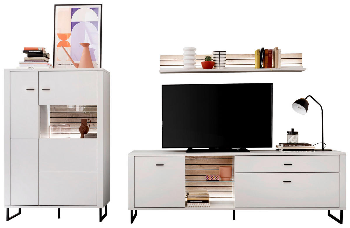 WOHNWAND  in Weiß, Eichefarben  326/152/44 cm  - Eichefarben/Anthrazit, Design, Glas/Holzwerkstoff (326/152/44cm) - Stylife