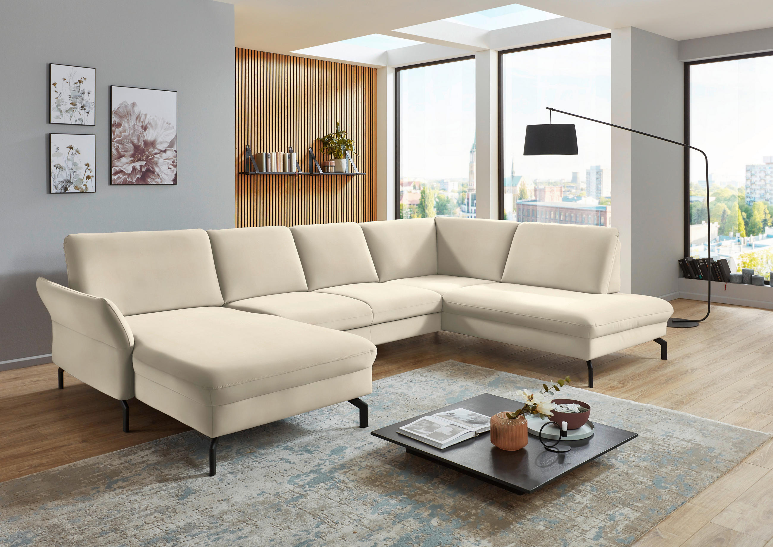 WOHNLANDSCHAFT Creme, Naturfarben Velours  - Creme/Schwarz, Design, Textil/Metall (179/335/220cm) - Beldomo System