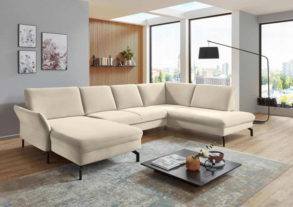 WOHNLANDSCHAFT in Velours Creme, Naturfarben  - Creme/Schwarz, Design, Textil/Metall (179/335/220cm) - Beldomo System