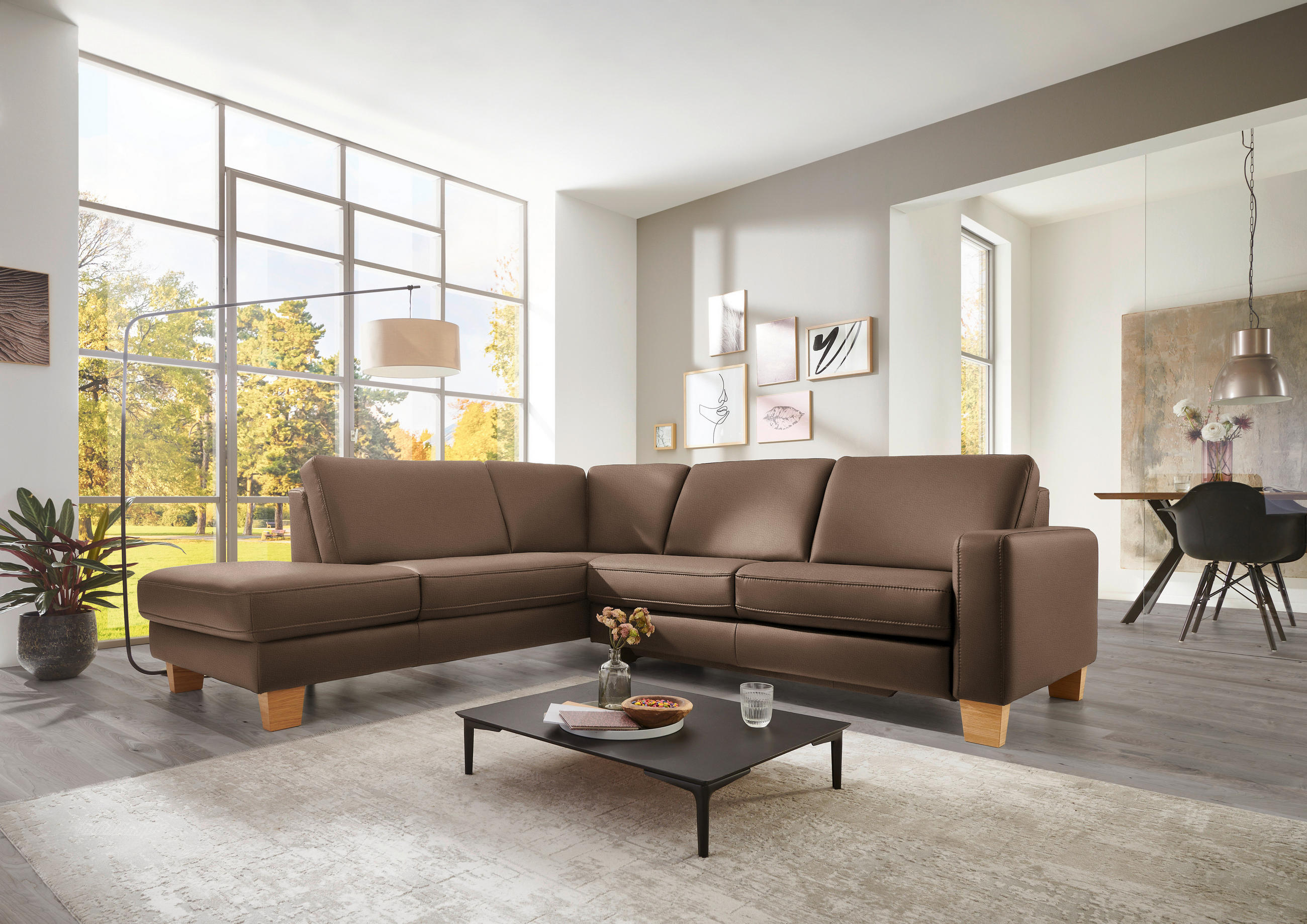 ECKSOFA in Echtleder Graubraun  - Eiche Bianco/Graubraun, Konventionell, Leder/Holz (235/257cm) - Valdera