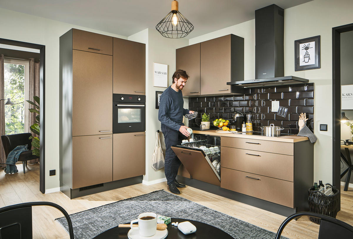 ECKKÜCHE 120/220 cm  in Graphitfarben, Eichefarben, Bronzefarben  - Chromfarben/Eichefarben, Design, Holzwerkstoff/Metall (120/220cm) - Xora