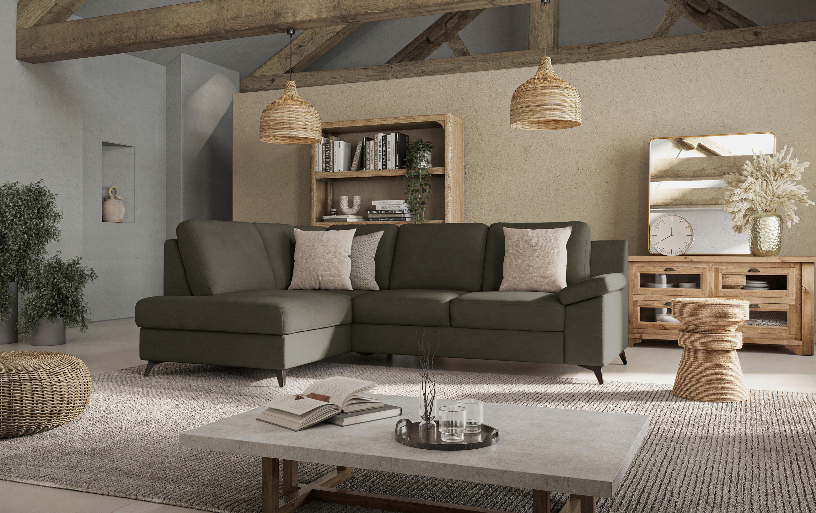 ECKSOFA in Flachgewebe Dunkelgrün - Dunkelgrün/Schwarz, Konventionell, Textil/Metall (170/242cm) - Cotta