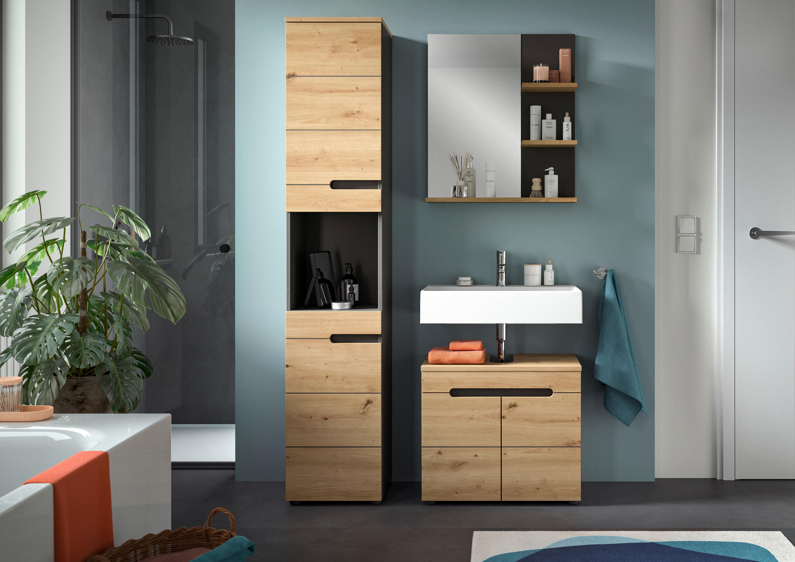 BADEZIMMER 3-teilig  in 101 cm  - Schwarz/Eiche Artisan, MODERN, Glas/Holzwerkstoff (101cm) - MID.YOU