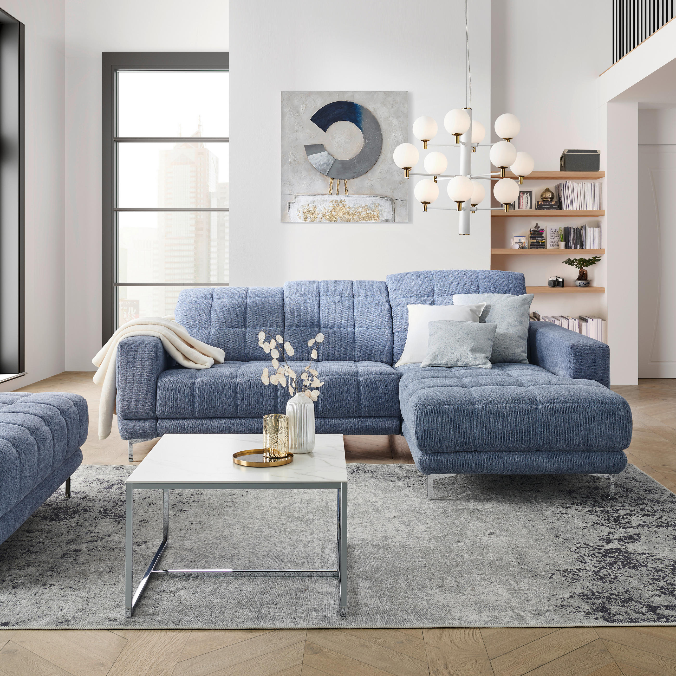 ECKSOFA in Webstoff Blau  - Chromfarben/Blau, Design, Textil/Metall (187/260cm) - Xora
