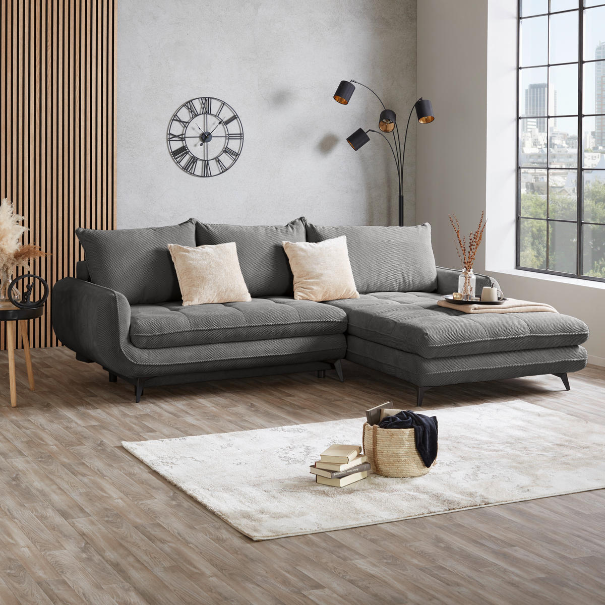ECKSOFA WAVE Grau Struktur  - Beige/Schwarz, MODERN, Textil/Metall (266/189cm) - MID.YOU