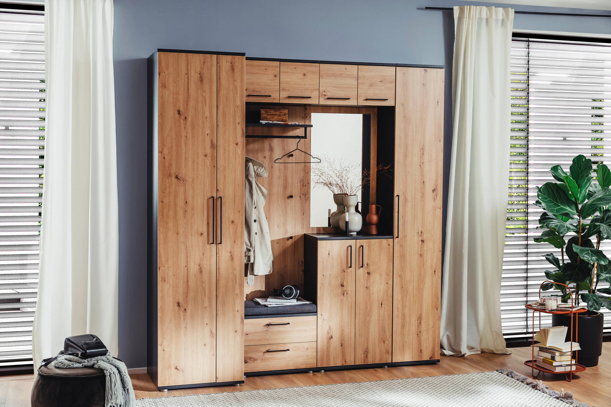 GARDEROBE 10-teilig  in 221/233/56 cm  - Eichefarben/Anthrazit, Design, Holzwerkstoff (221/233/56cm) - Moderano