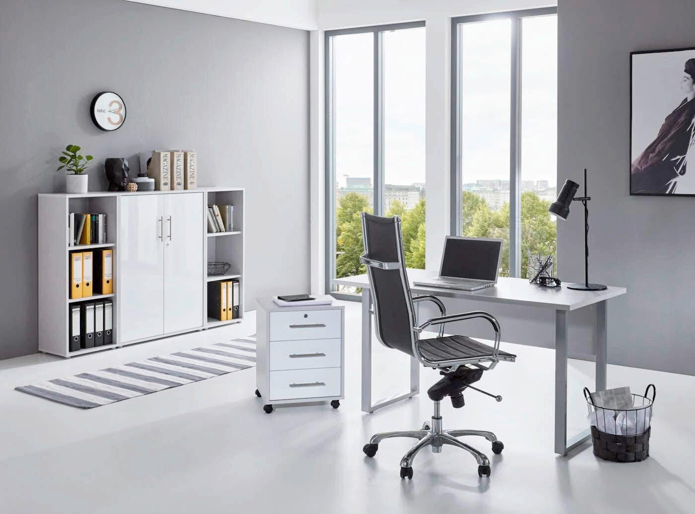 BÜRO erweiterbar, abschließbar Grau, Weiß Hochglanz - Weiß Hochglanz/Grau, MODERN, Holzwerkstoff/Metall - MID.YOU