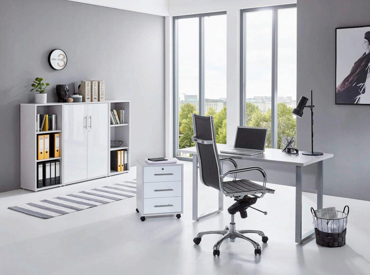BÜRO erweiterbar, abschließbar Grau, Weiß Hochglanz - Weiß Hochglanz/Grau, MODERN, Holzwerkstoff/Metall - MID.YOU