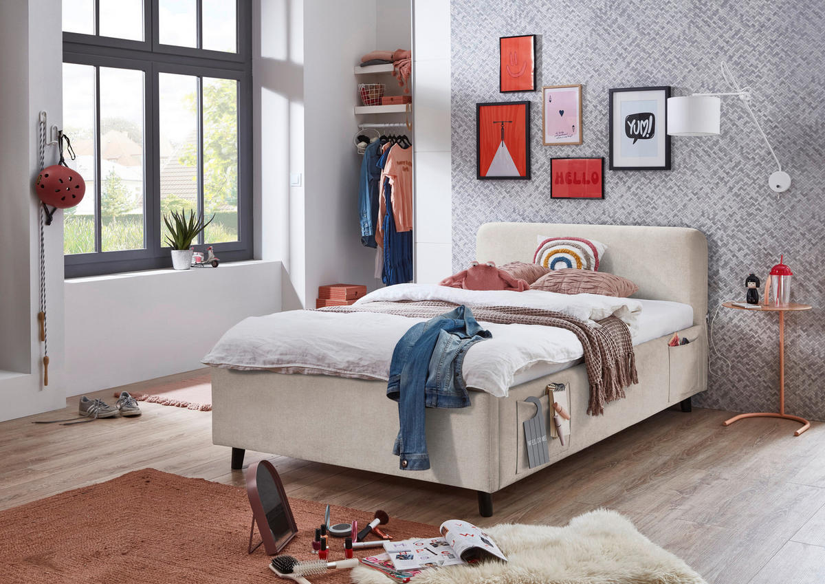 POLSTERBETT 120/200 cm,  in Schwarz, Beige, Lattenrost, Bettkasten, Betttasche,  - Birkefarben/Beige, KONVENTIONELL, Holz/Textil (120/200cm) - Boxxx
