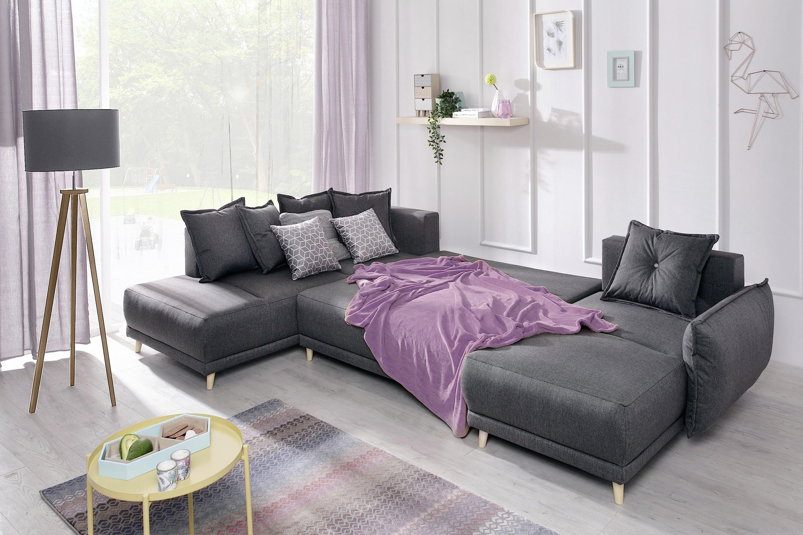 WOHNLANDSCHAFT Dunkelgrau Webstoff - Dunkelgrau/Hellgrau, Basics, Holz/Textil (200/312/155cm) - MID.YOU