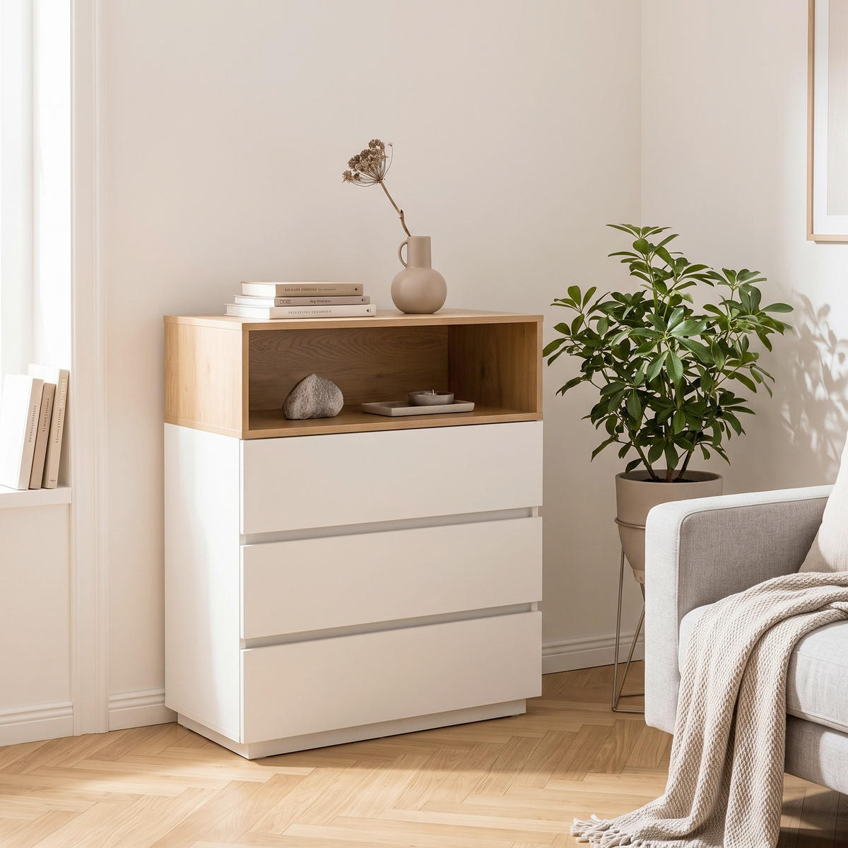 KOMODA, bílá, barvy dubu, 80/100/40 cm - bílá/barvy dubu, Moderní, kompozitní dřevo/plast (80/100/40cm) - MID.YOU