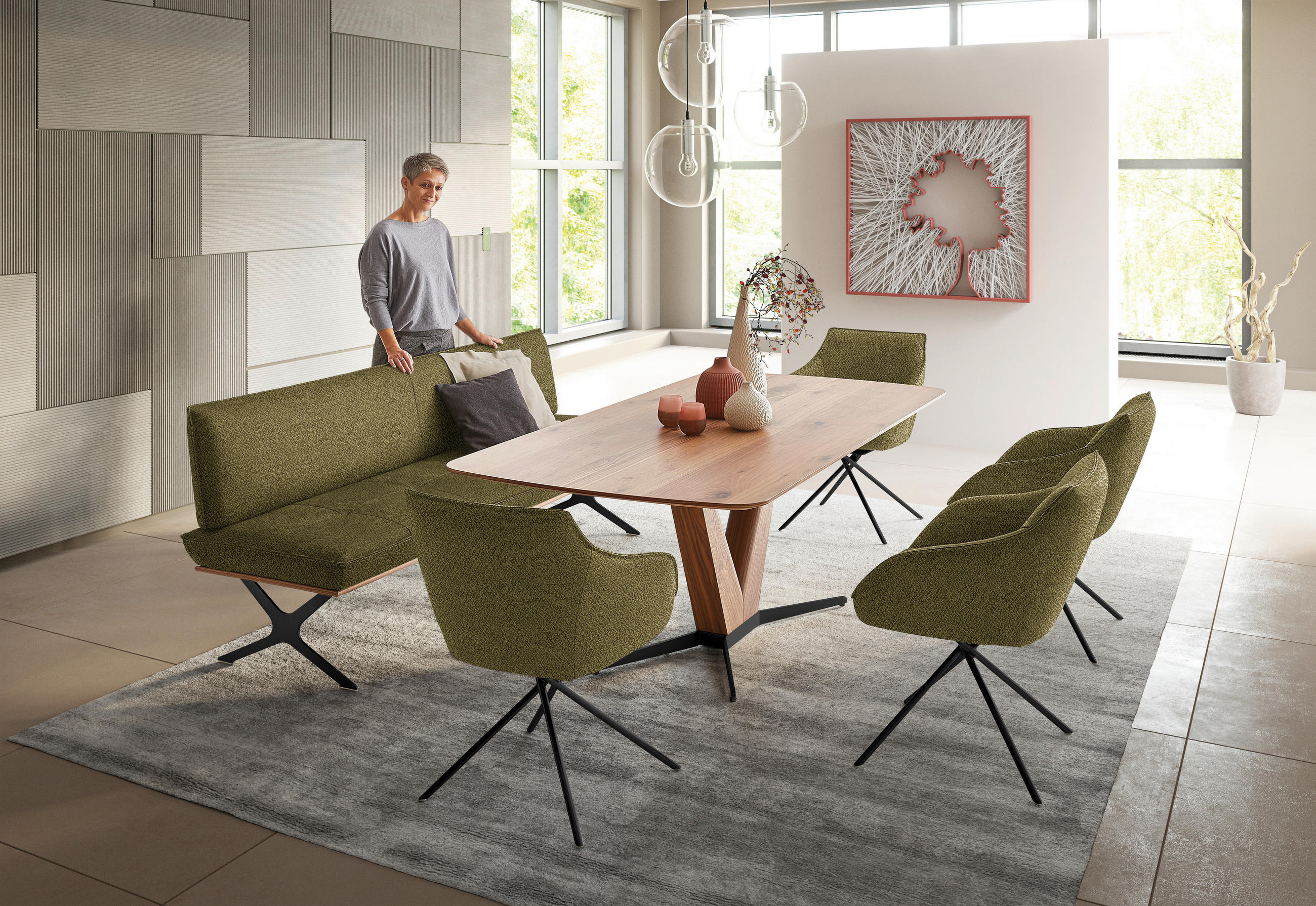 SITZBANK in Holz, Textil Grün, Schwarz, Nussbaumfarben  - Nussbaumfarben/Schwarz, Design, Holz/Textil (214/88/66cm) - Koinor