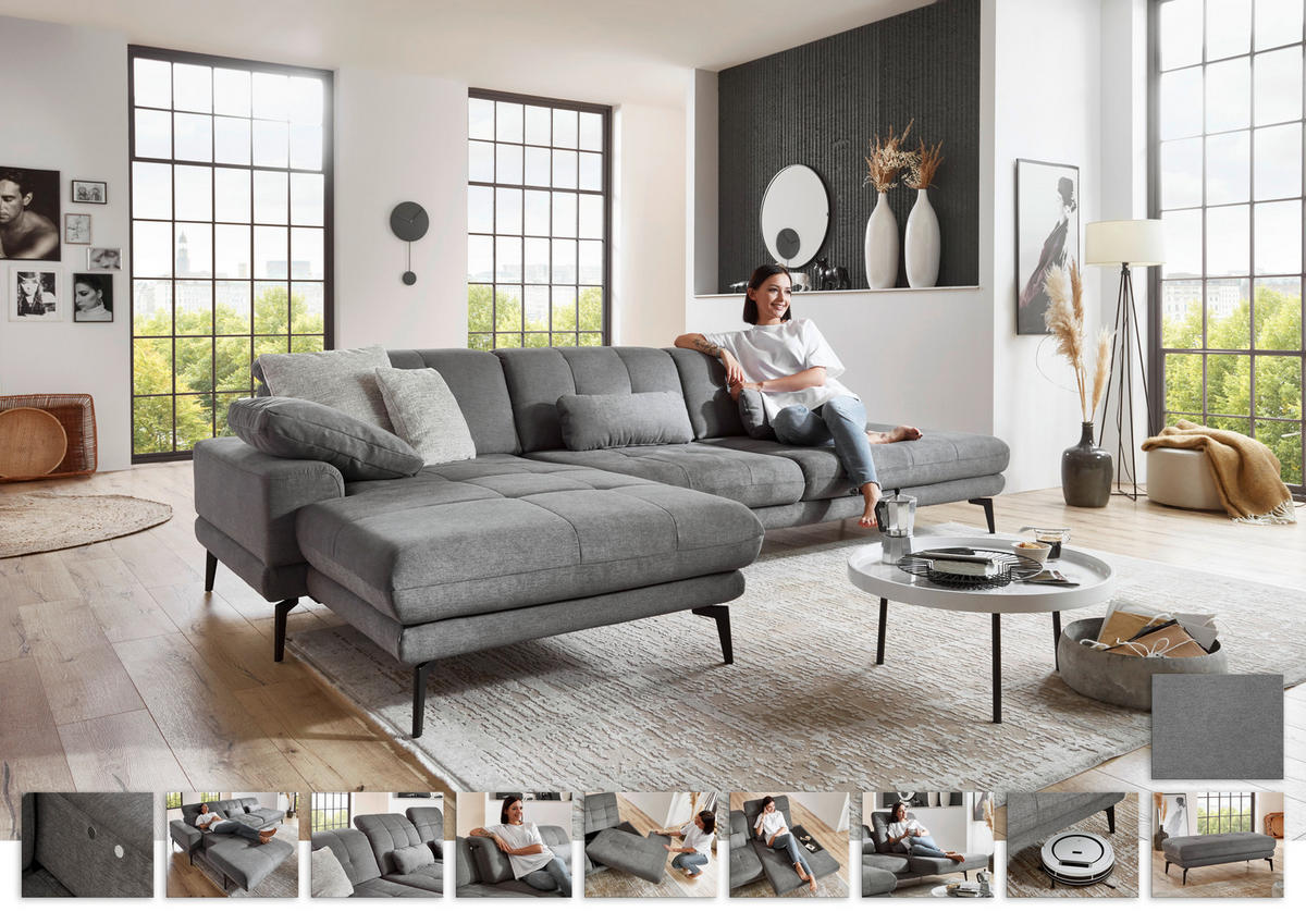 ECKSOFA in Flachgewebe Grau  - Schwarz/Grau, Design, Textil/Metall (190/309cm) - Beldomo Style
